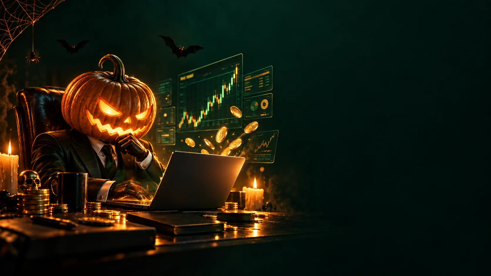 FeneFX Halloween pumpkin-headed trader at a desk with financial charts