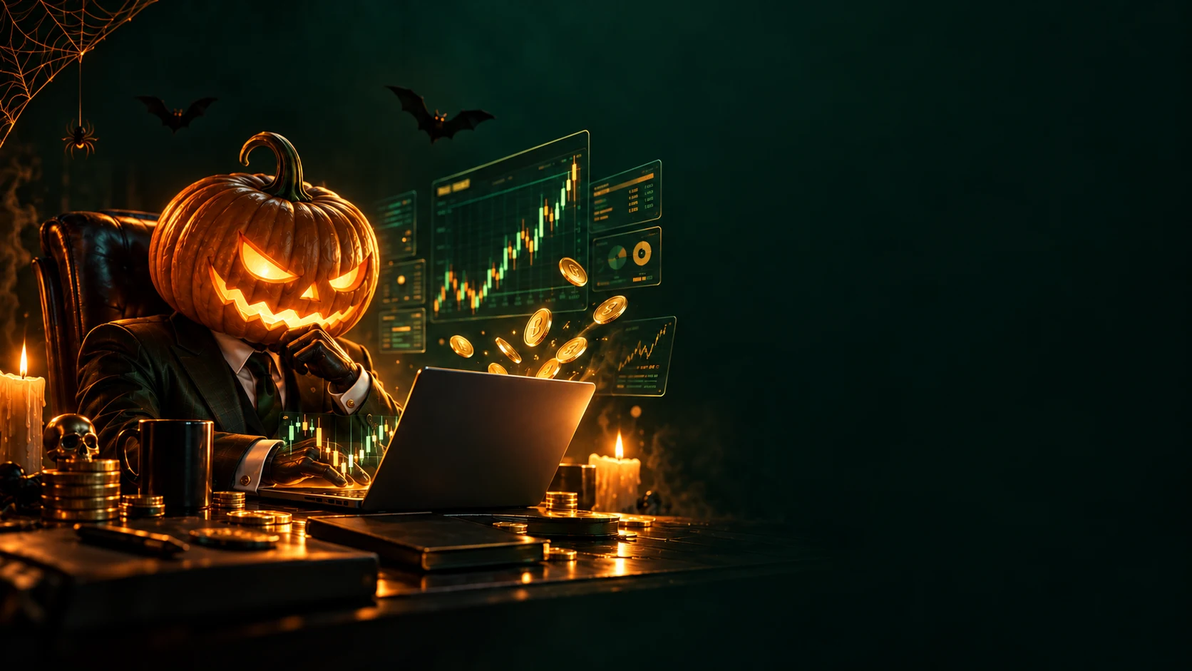 FeneFX Halloween pumpkin-headed trader at a desk with financial charts